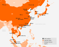 从东京到悉尼：吉布达伟士在中国、东南亚和大洋洲的网络共设有35个站点。（来源：吉布达伟士）